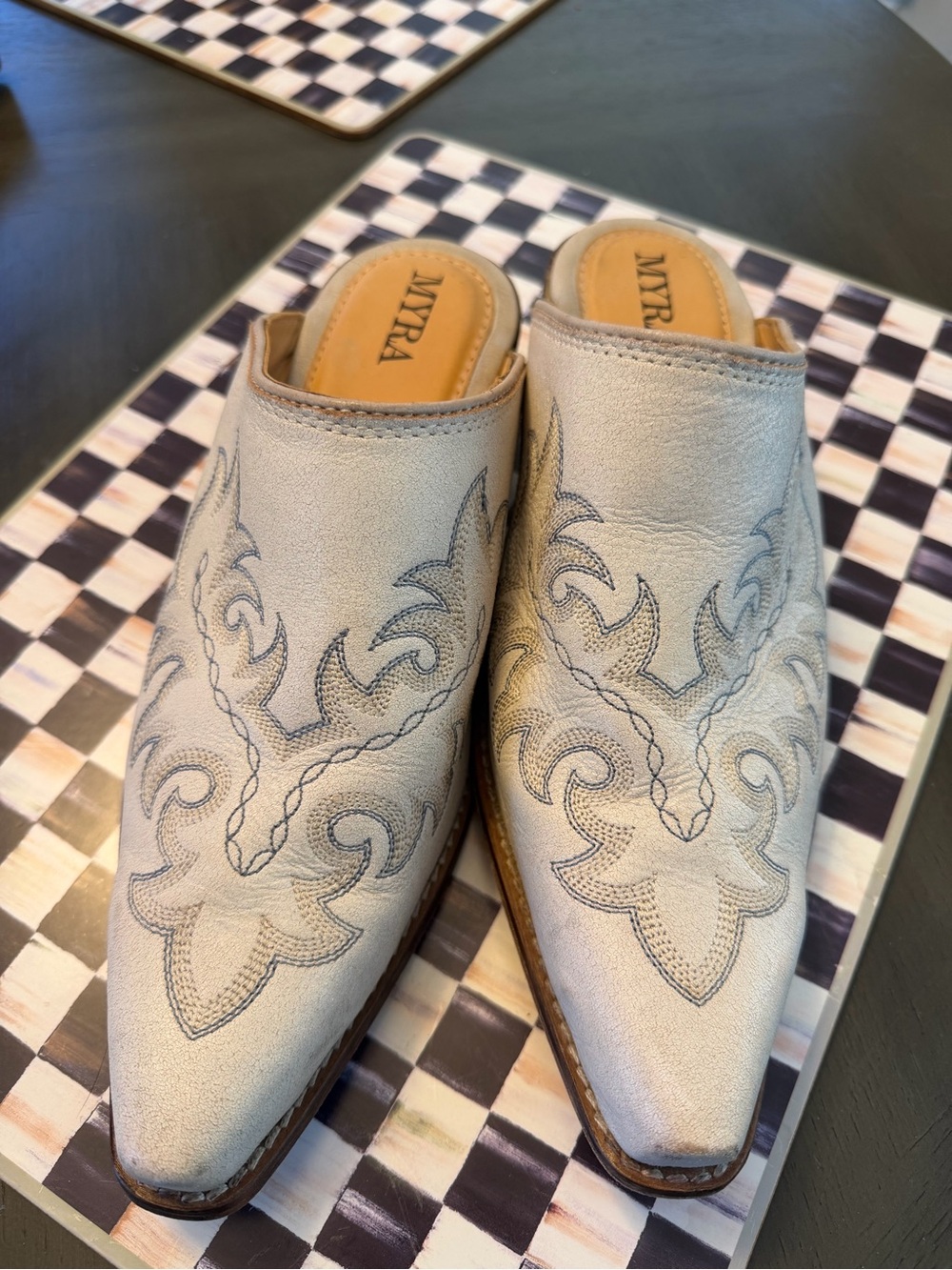 Myra Bag Cream Embroidered Pointed-Toe Leather Mules